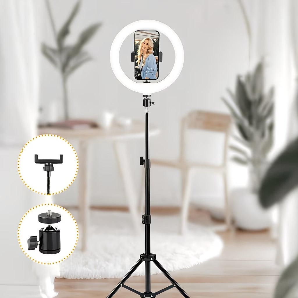 25.4cm LED Selfie Ring Light] 10-inch LED Selfie Ring Light with Adjustable Tri-Color | USB Powered, 43-inch Tripod & Phone Holder, for Live Streaming, Photography, Makeup, Video, Indoor Use, Compatible with Mobile Phones & Cameras