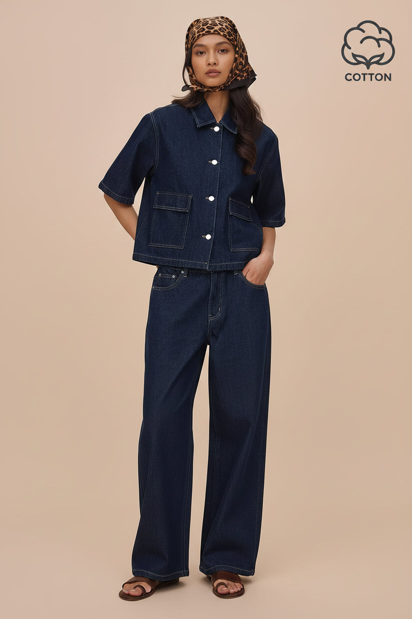 Deep Blue Short-Sleeve Denim Top