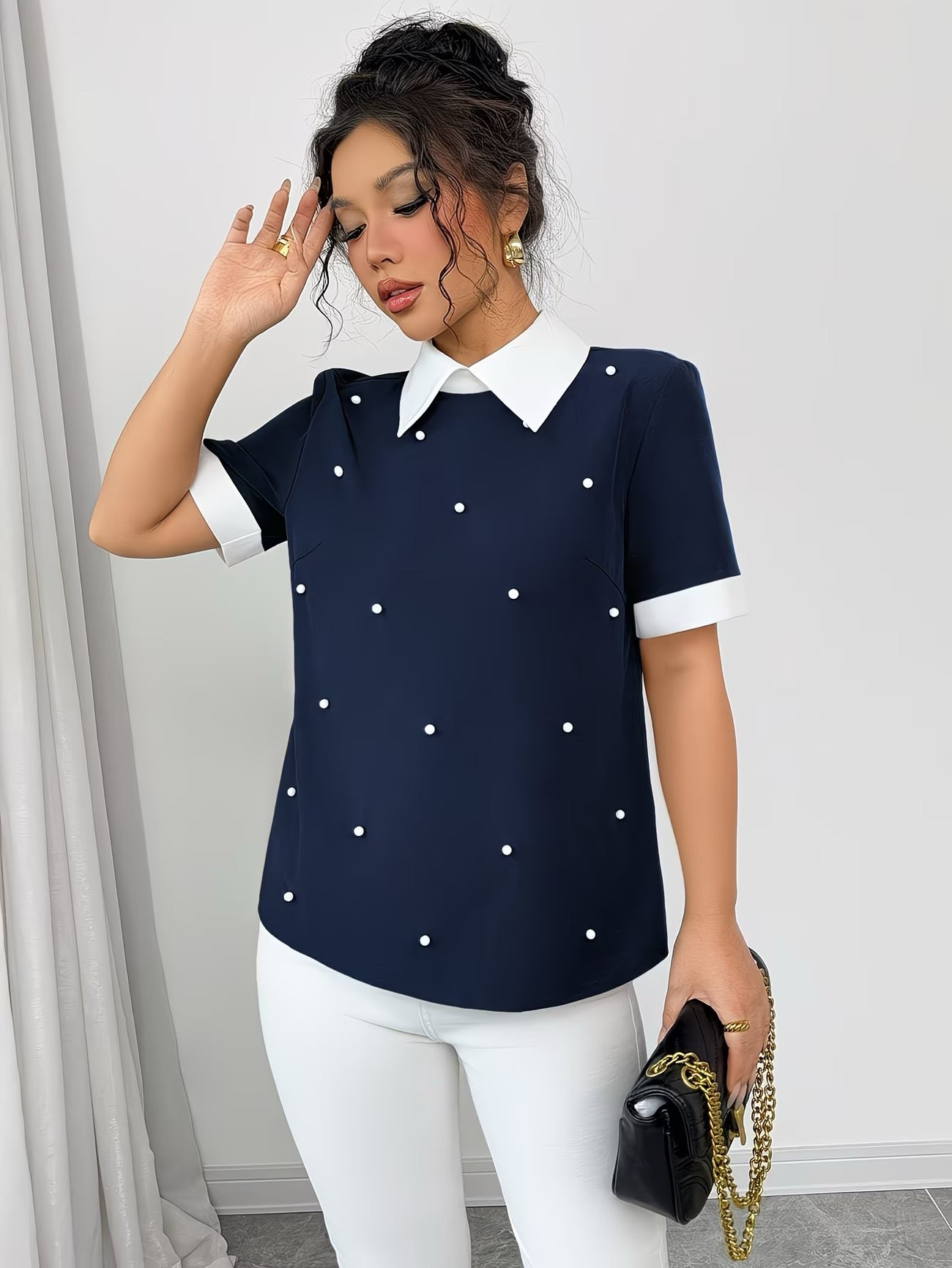 Patchwork Button- Collar Short-Sleeve Shirt
