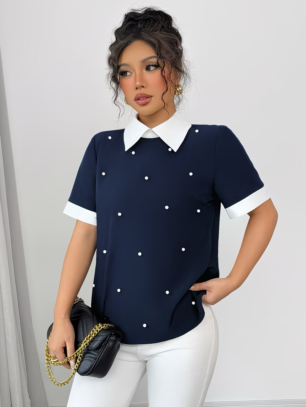 Patchwork Button- Collar Short-Sleeve Shirt
