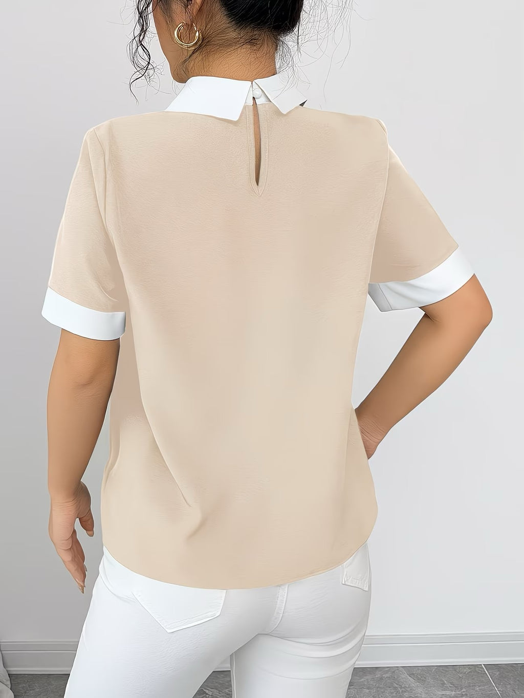 Patchwork Button- Collar Short-Sleeve Shirt
