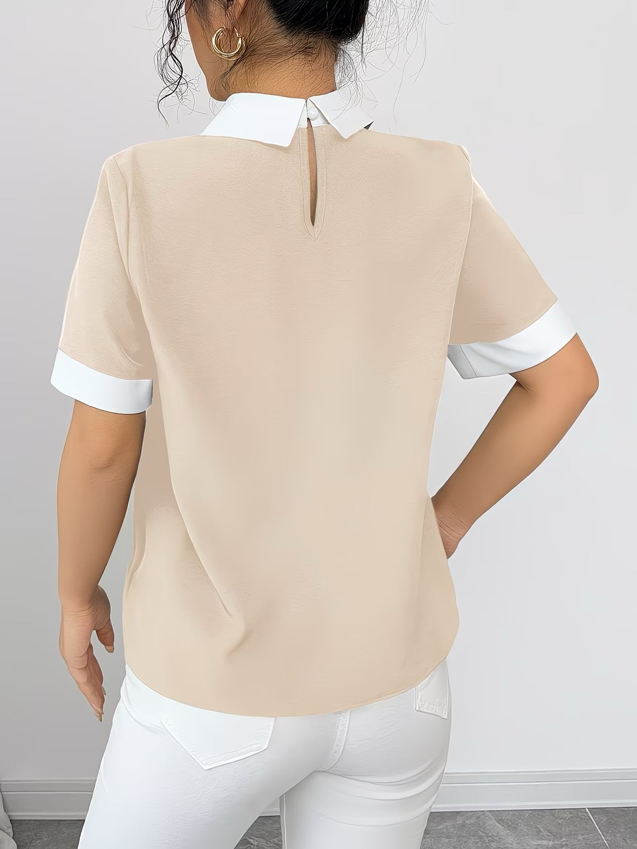 Patchwork Button- Collar Short-Sleeve Shirt